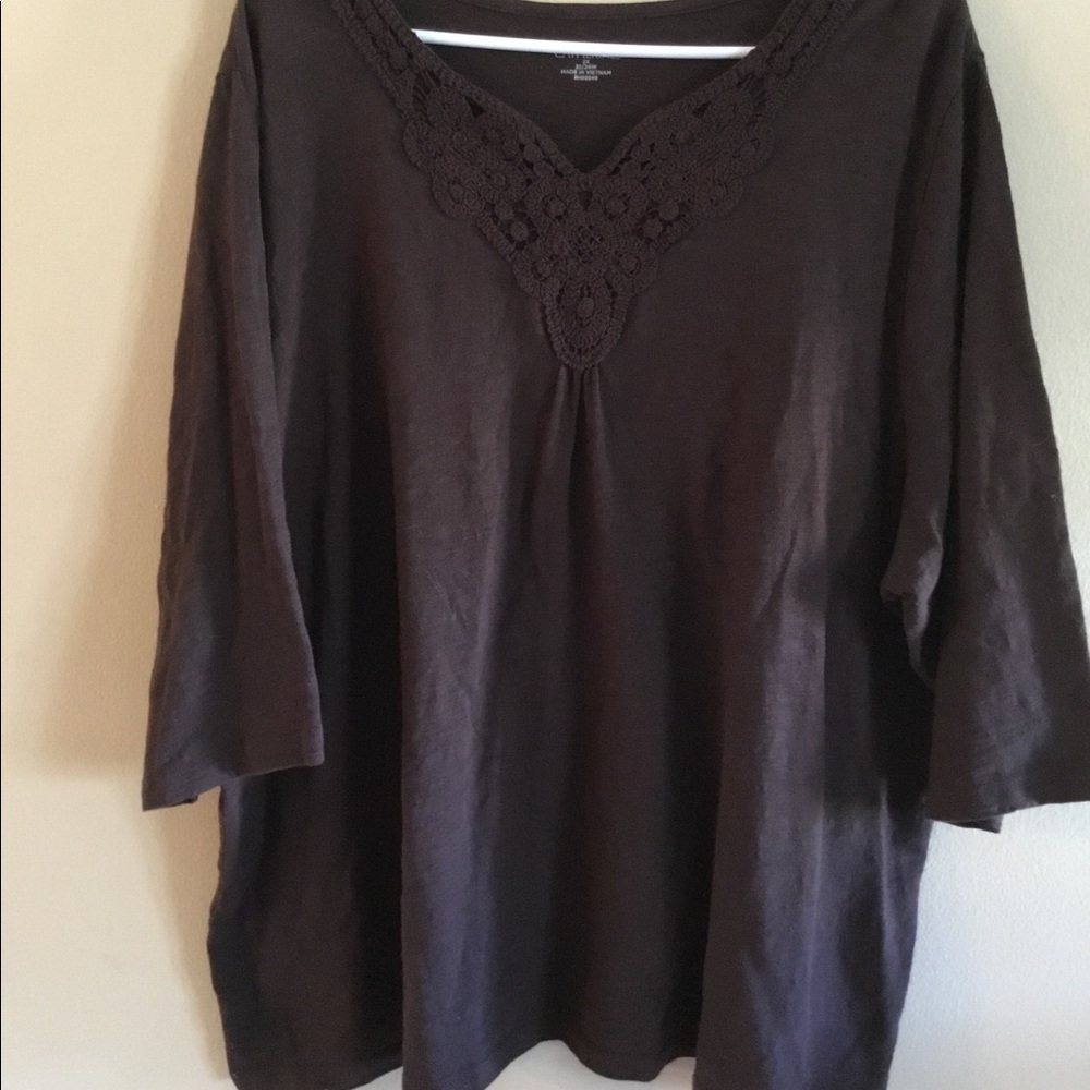 Two for $20 Brown, 3/4 sleeve with crocheted neck.